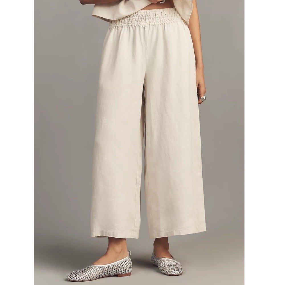 Anthropologie Somerset 100% Linen Pull On Pants Sand Wide Leg Smocked - XSmall